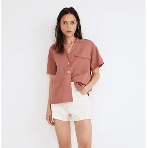 Madewell Linen Blend Button Down Short Sleeve Camp Shirt Pink Rose Size XS